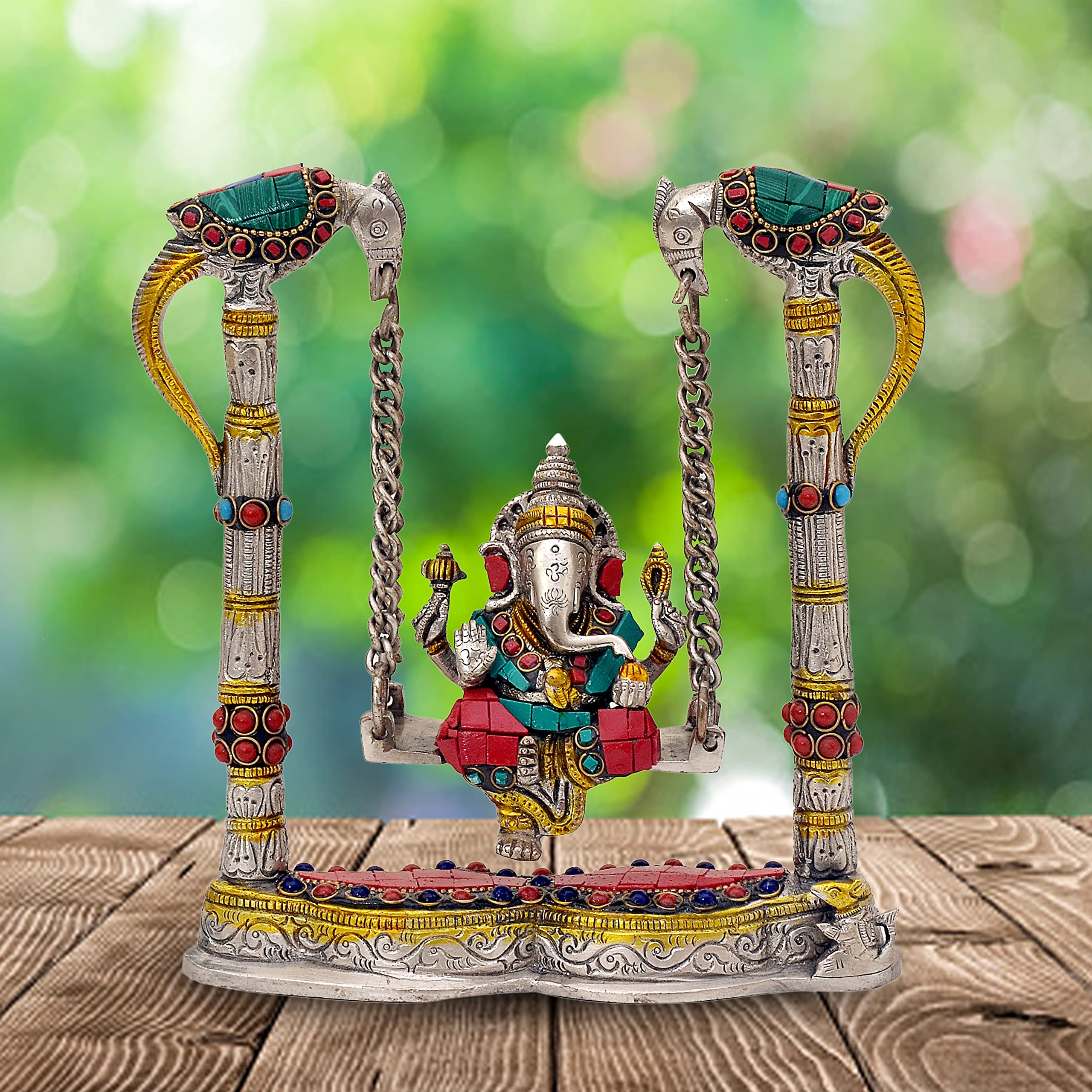Aona Lord Ganesha On A Swing Jhula Brass Statue Idol, Height : 8 Inch
